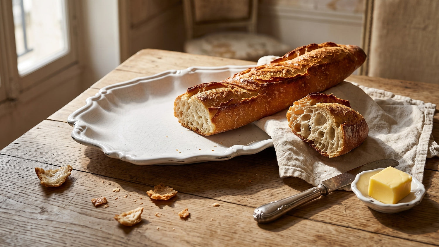 Fresh Parisian baguette on a handmade CARRON Saint-Jacques faience platter
