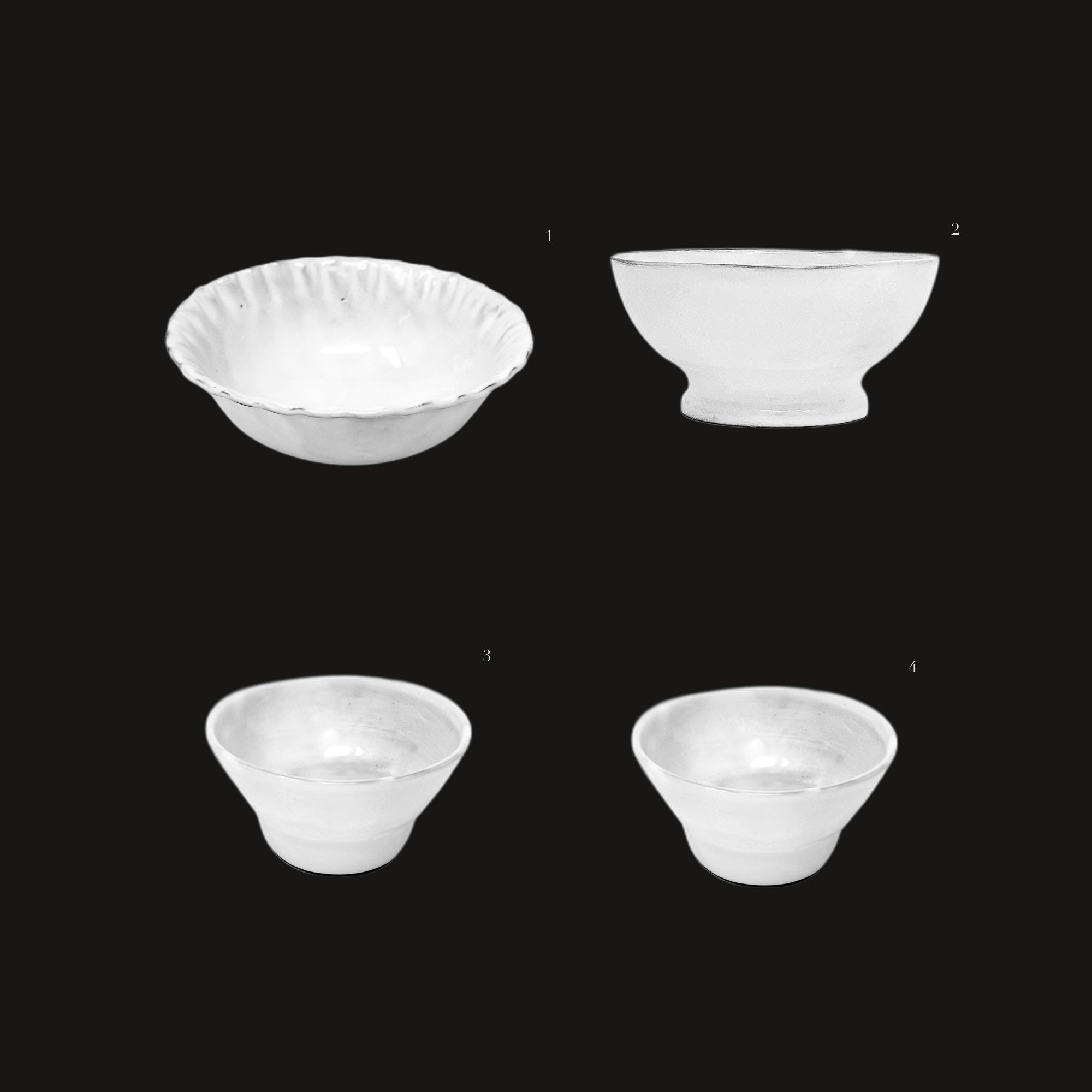 Olive & Apéritif Bowls Set - handmade white faience, pieces numbered on black