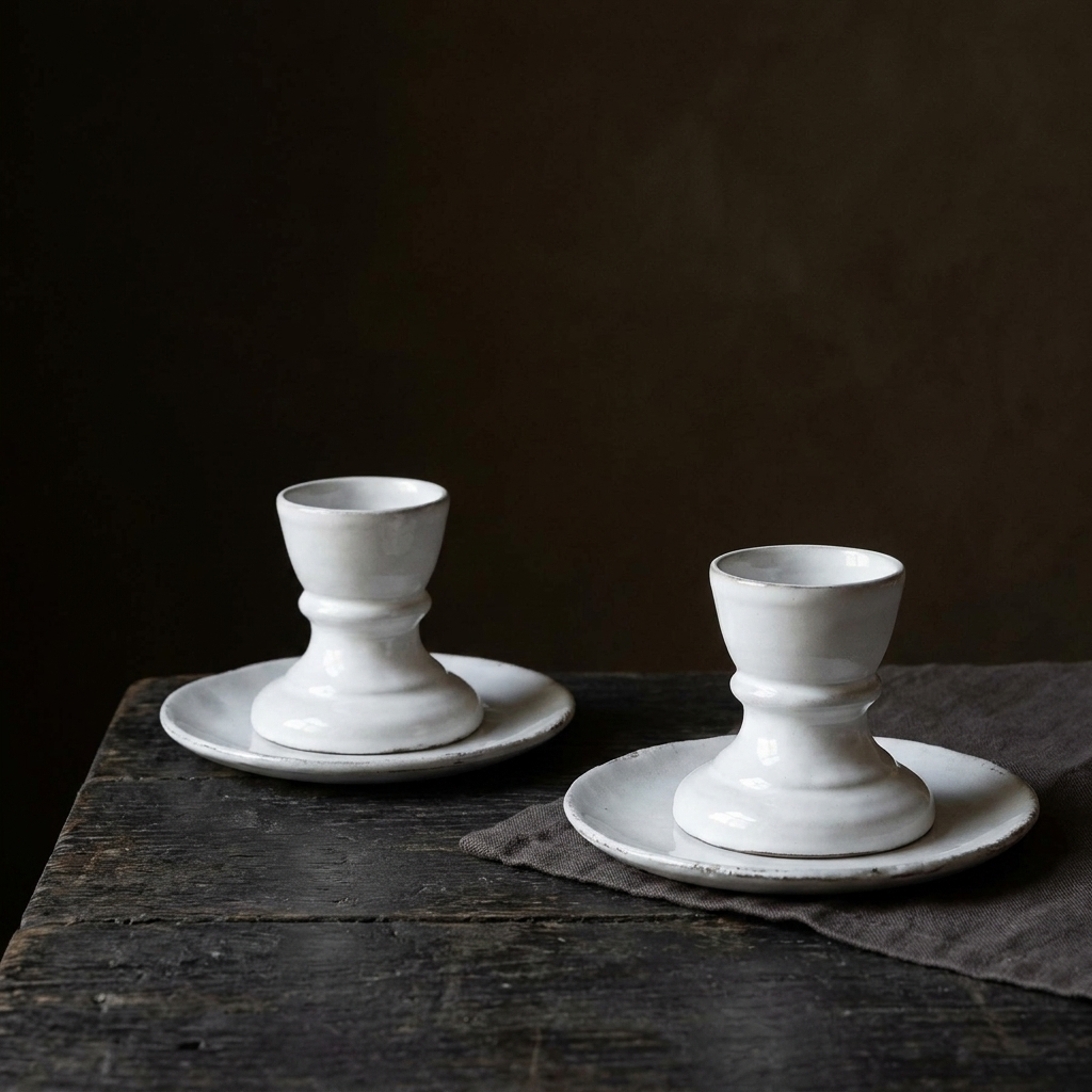 Egg Cup Breakfast Set - handmade white faience, styled scene by CARRON Paris