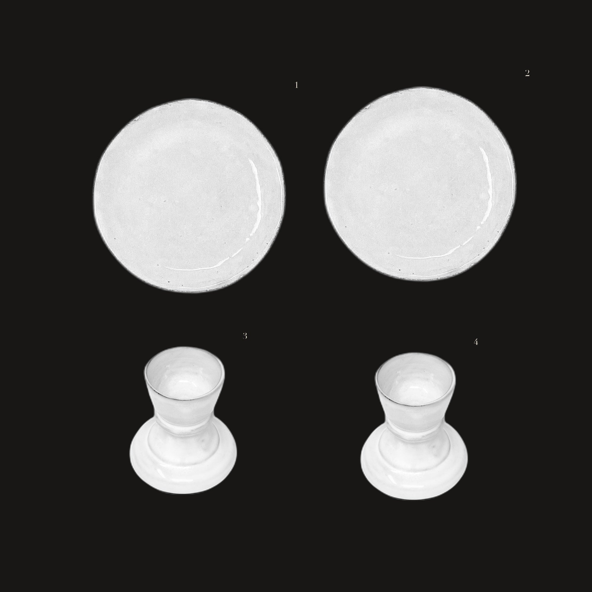 Egg Cup Breakfast Set - handmade white faience, pieces numbered on black