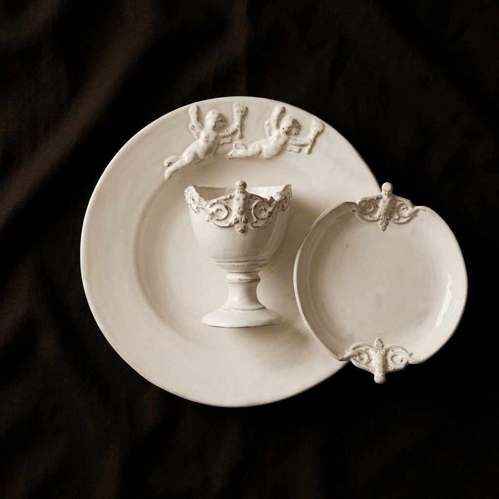 Cherub Baby Gift Set - handmade white faience, styled scene by CARRON Paris