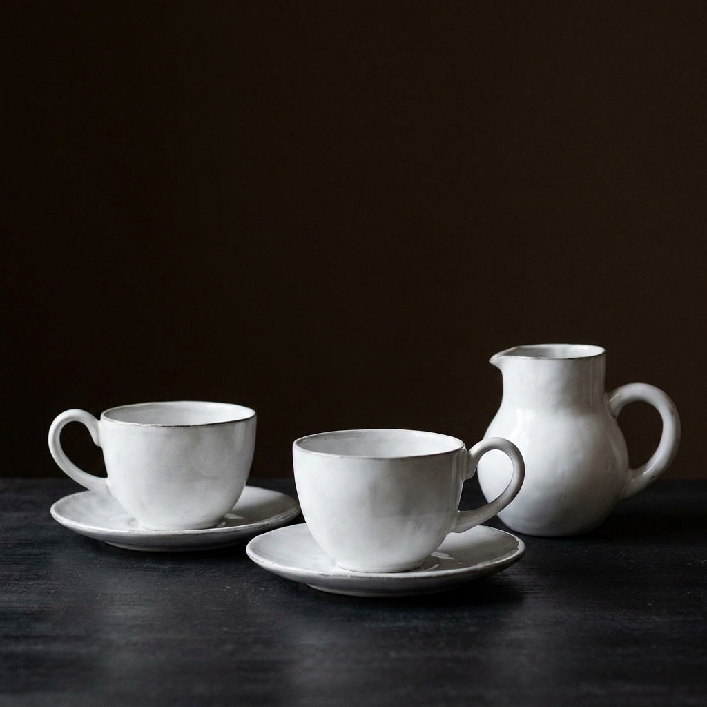 Coffee Cups & Saucers Set - handmade white faience, styled scene by CARRON Paris